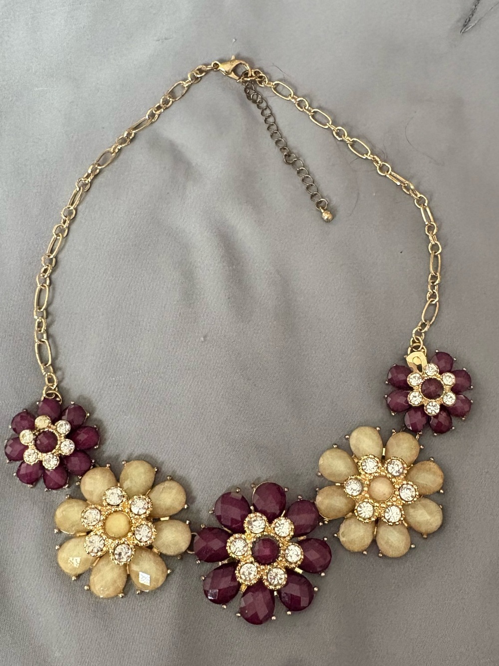 Gold-Tone Floral Statement Necklace with Cream and Plum Stones
